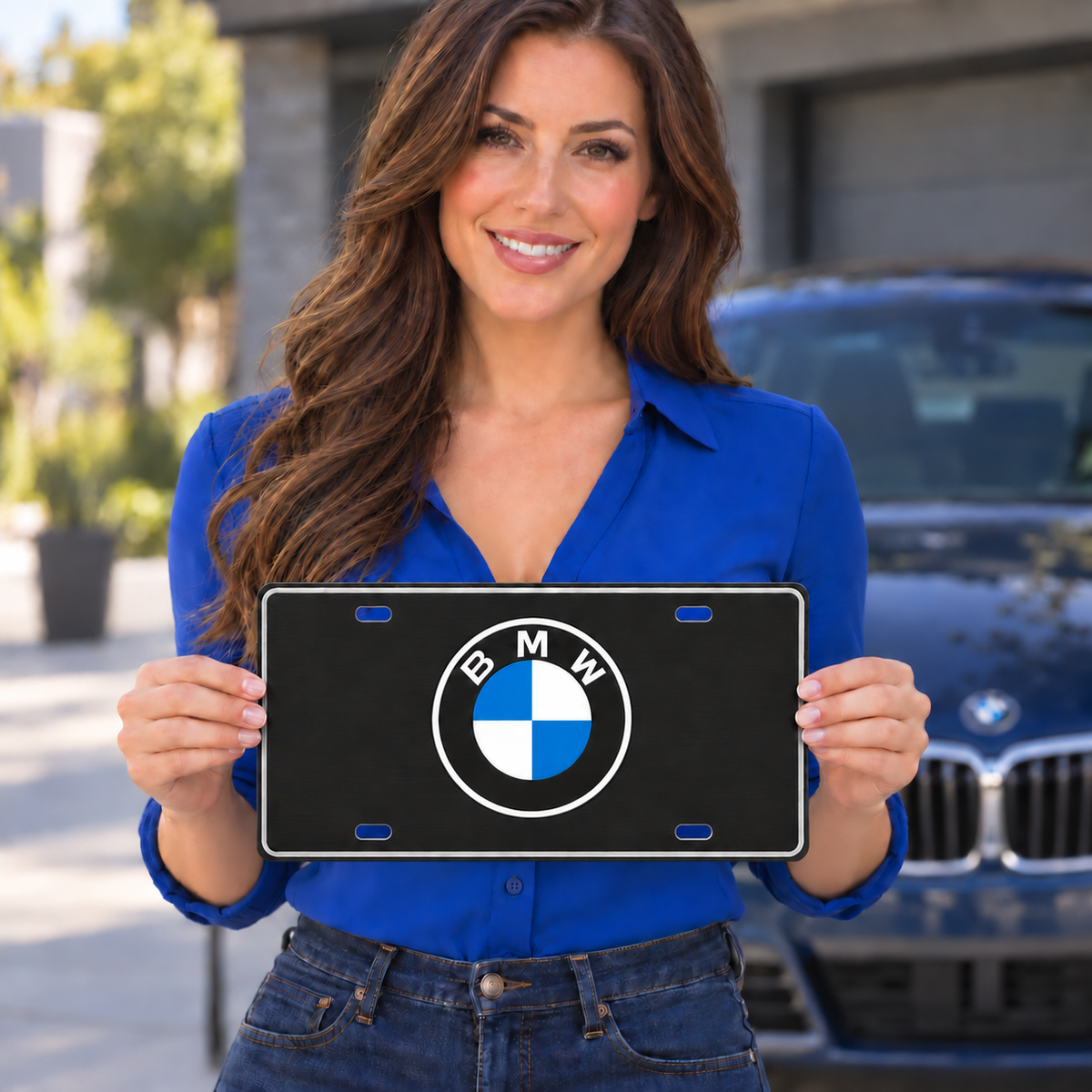 Lifestyle illustration of a model holding the black BMW decorative tag with silver border and blue-and-white roundel beside a blue car.