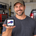 Model holding Got Items Buffalo Bills 3-inch square hitch cover; digital product illustration.