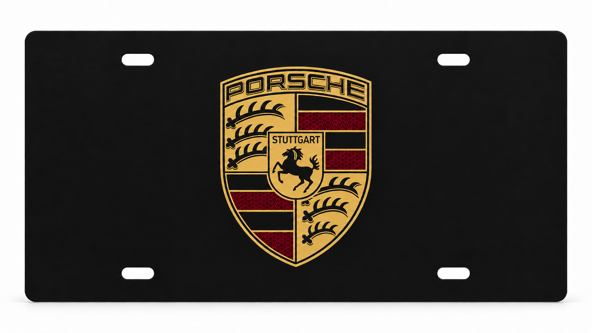 Porsche Crest License Plate Car Tag 12x6 Black Gold Burgundy Honeycomb