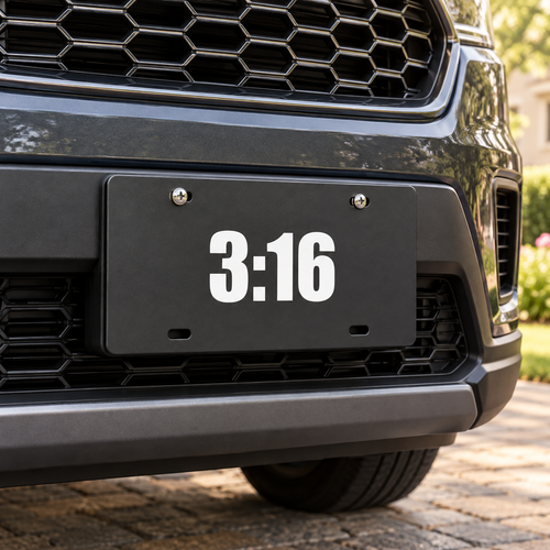 Illustrative front-mounted view of the black 12 by 6 inch 3:16 Christian decorative car tag with smaller centered white lettering on a charcoal SUV