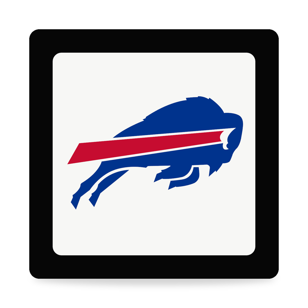 Buffalo Bills 3 x 3 inch square hitch cover, front view on white with soft shadow; PETG product illustration.