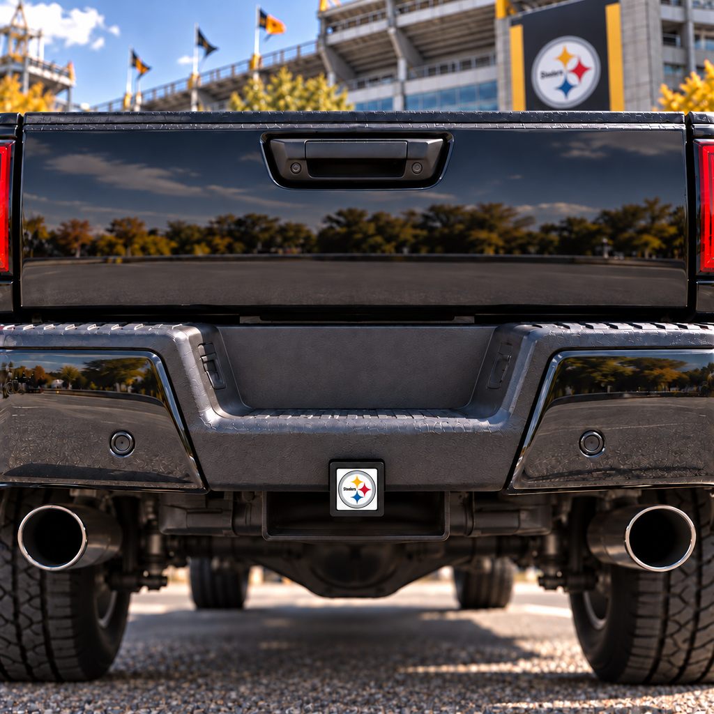 Steelers 3-inch square hitch cover, 2-inch receiver version on truck - digital illustration