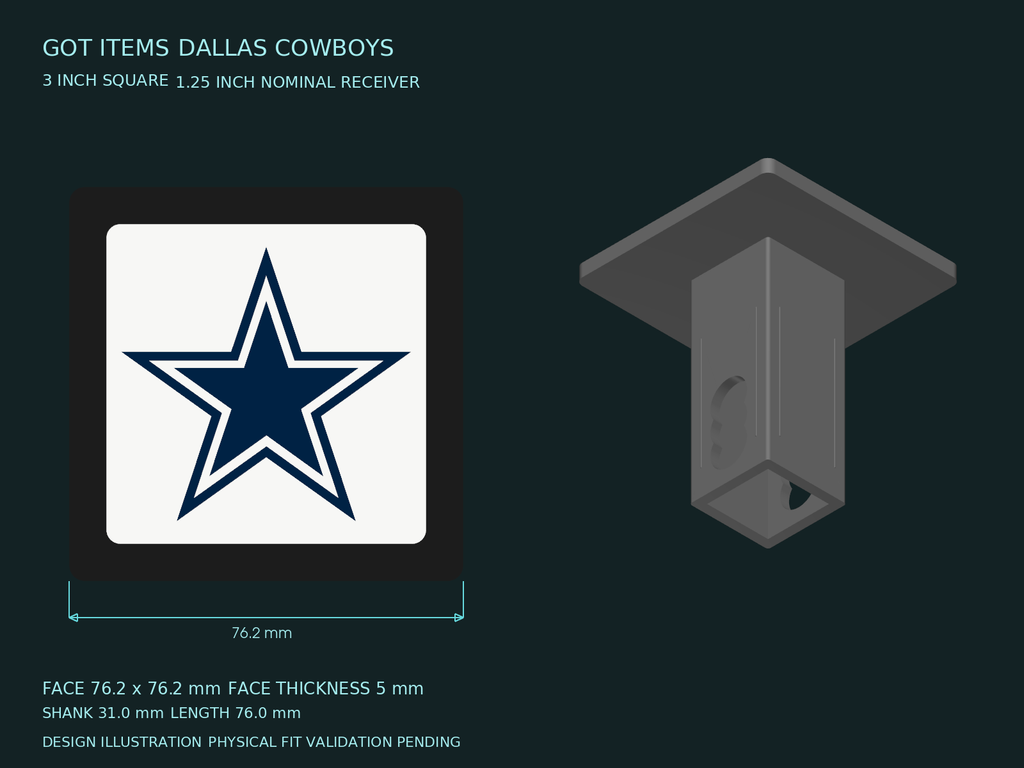 Dallas Cowboys NFL 3-Inch Square Hitch Cover for 1.25 or 2 Inch Receiver