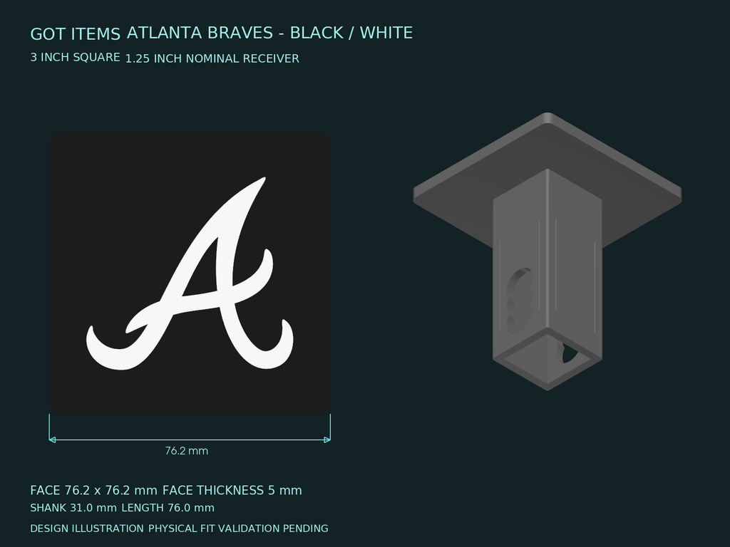 Atlanta Braves MLB Black White 3-Inch Square Hitch Cover for 1.25 or 2 Inch Receiver
