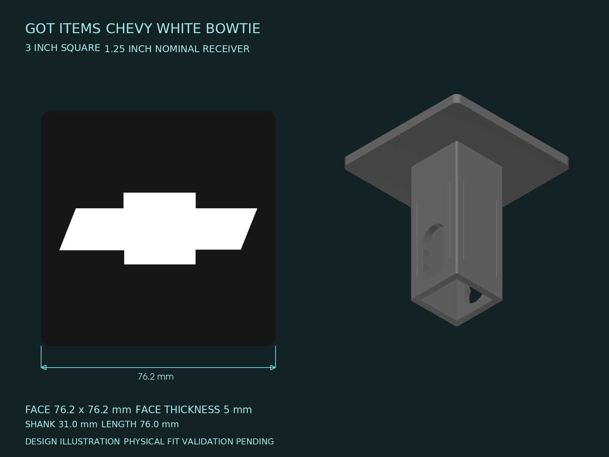 Chevy White Bowtie on Black 3-Inch Square Hitch Cover for 1.25 or 2 Inch Receiver