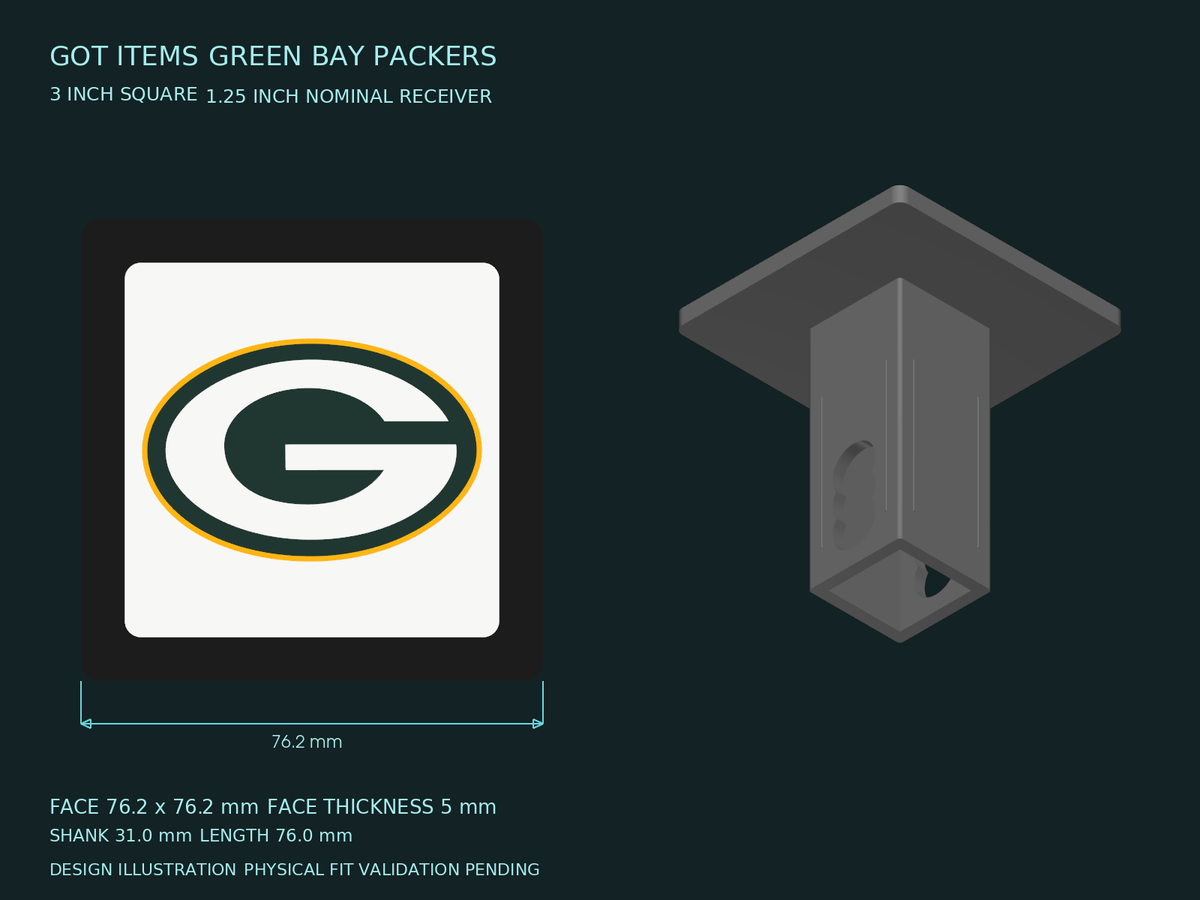 Green Bay Packers NFL 3-Inch Square Hitch Cover for 1.25 or 2 Inch Receiver