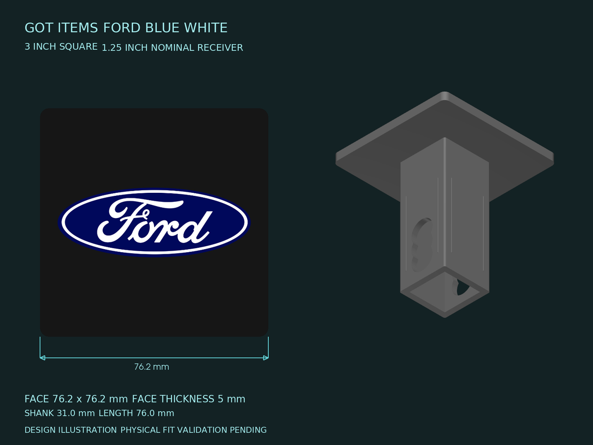 Ford Blue White on Black 3-Inch Square Hitch Cover for 1.25 or 2 Inch Receiver