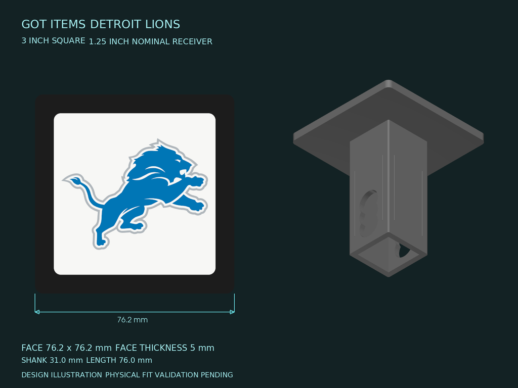 Detroit Lions NFL 3-Inch Square Hitch Cover for 1.25 or 2 Inch Receiver