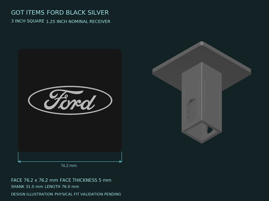 Ford Black Silver Blackout 3-Inch Square Hitch Cover for 1.25 or 2 Inch Receiver