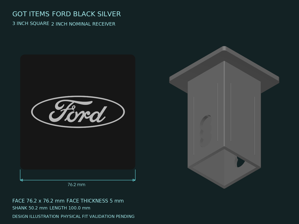 Ford Black Silver Blackout 3-Inch Square Hitch Cover for 1.25 or 2 Inch Receiver