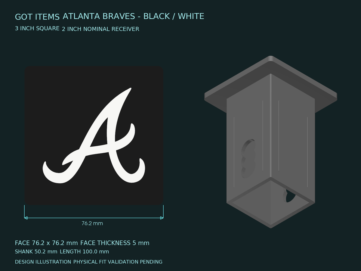 Atlanta Braves MLB Black White 3-Inch Square Hitch Cover for 1.25 or 2 Inch Receiver