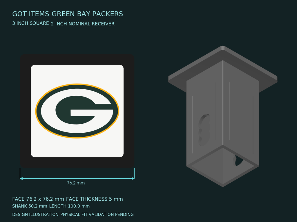 Green Bay Packers NFL 3-Inch Square Hitch Cover for 1.25 or 2 Inch Receiver