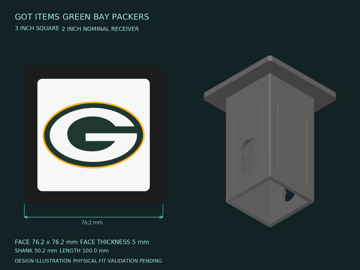 Green Bay Packers NFL 3-Inch Square Hitch Cover for 1.25 or 2 Inch Receiver