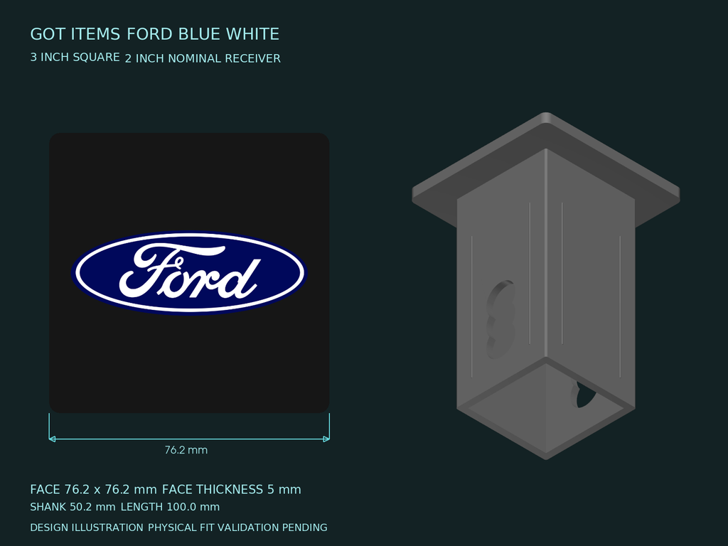 Ford Blue White on Black 3-Inch Square Hitch Cover for 1.25 or 2 Inch Receiver
