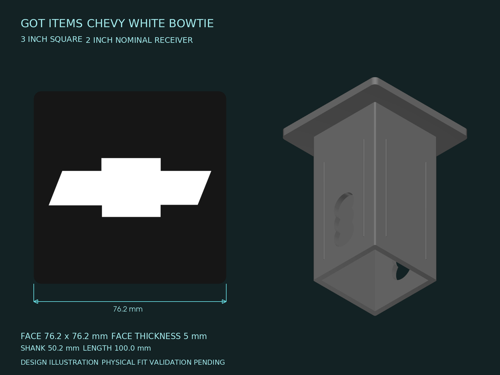 Chevy White Bowtie on Black 3-Inch Square Hitch Cover for 1.25 or 2 Inch Receiver