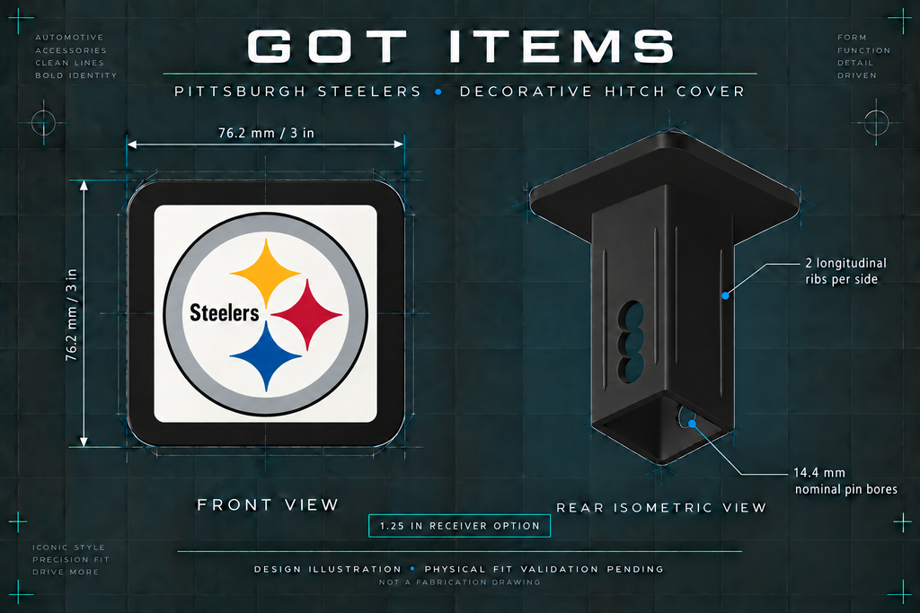 Steelers 3-inch square cover - 1.25-inch receiver front and rear design views; physical fit validation pending