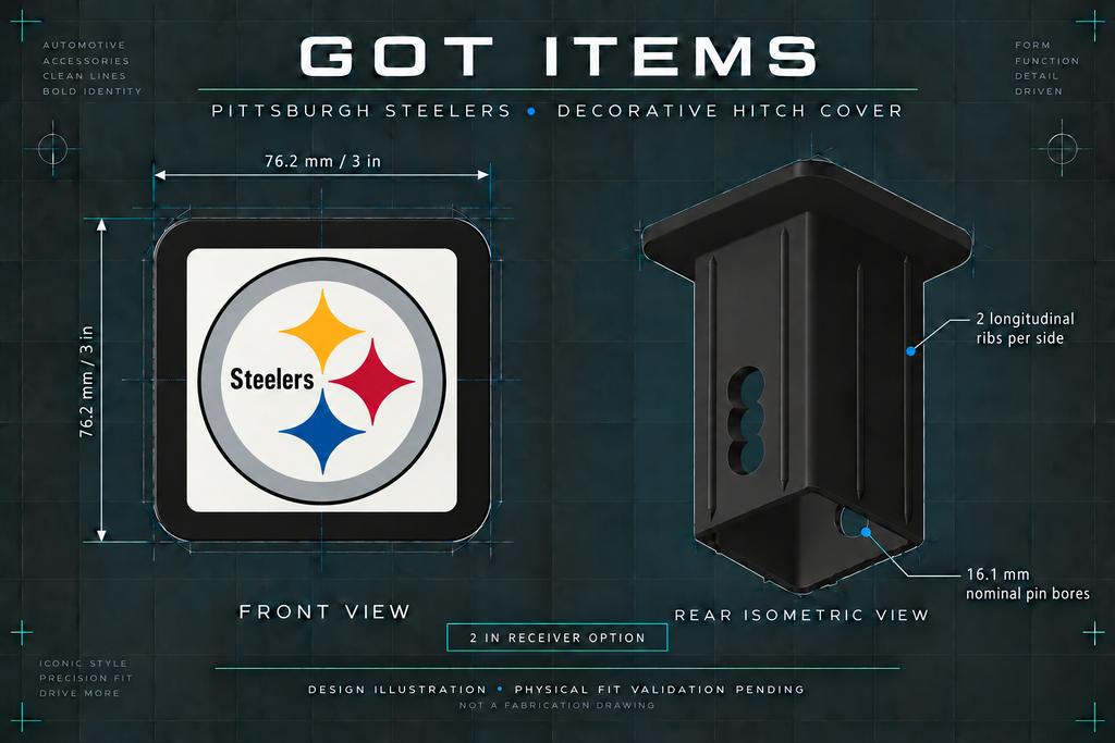 Steelers 3-inch square cover - 2-inch receiver front and rear design views; physical fit validation pending