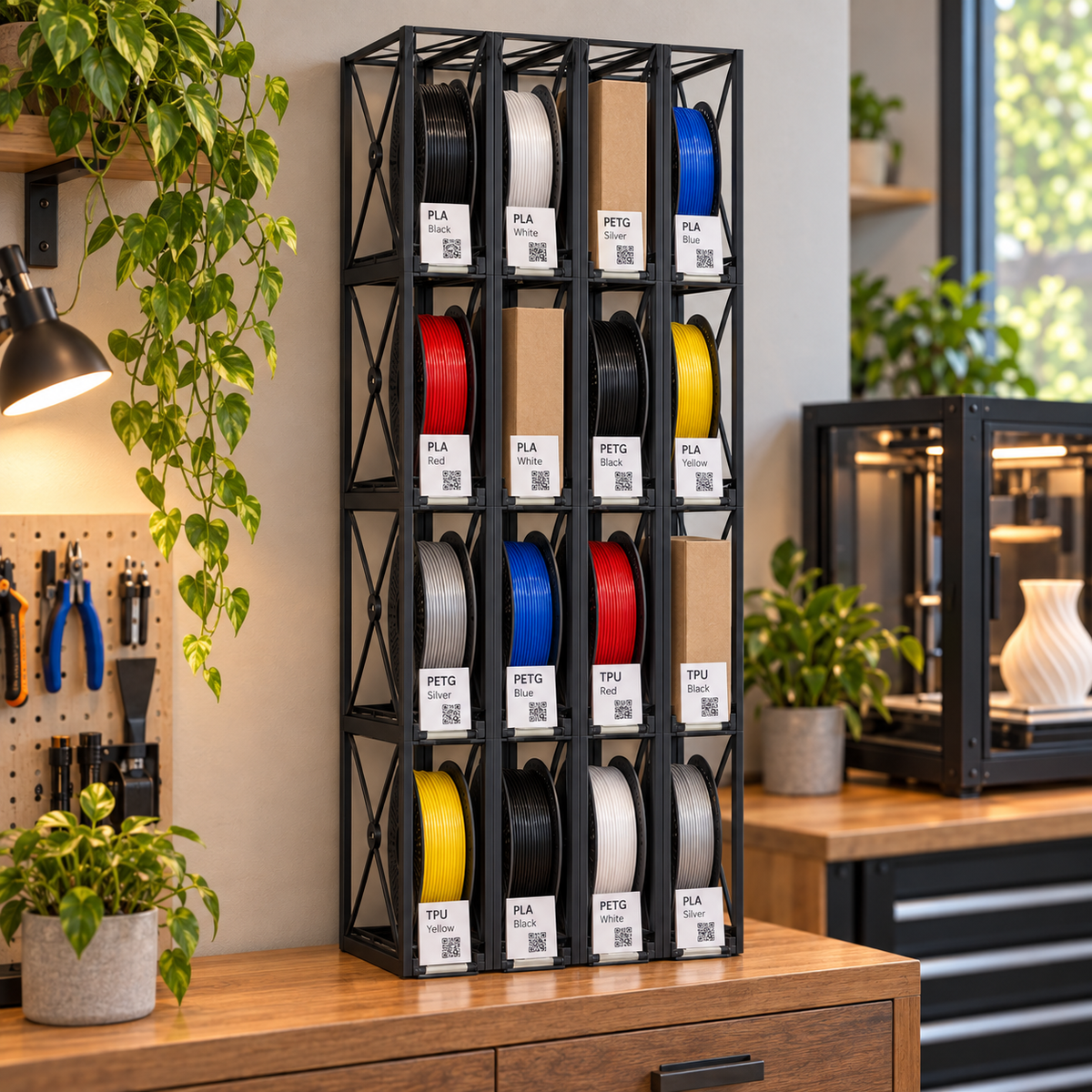 Filament Spool & Box Storage Rack — One-Piece Frame