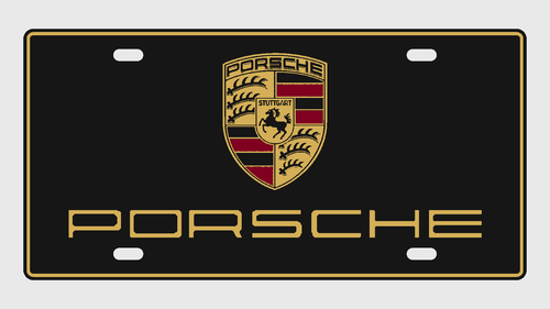 Porsche Crest Wordmark License Plate Car Tag 12x6 Black Gold Burgundy Border - product design illustration
