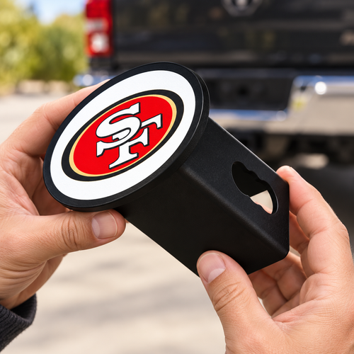 San Francisco 49ers Oval Trailer Hitch Cover 2 Inch Receiver Plug Cap NFL - product illustration