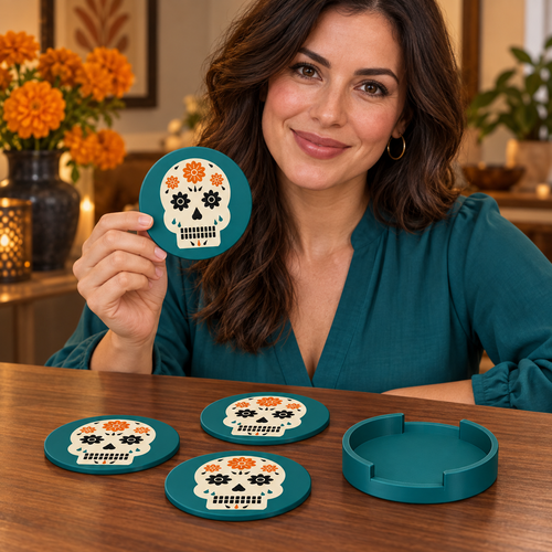 Sugar Skull Coasters Set of 4 with Holder Dia de los Muertos Day of the Dead