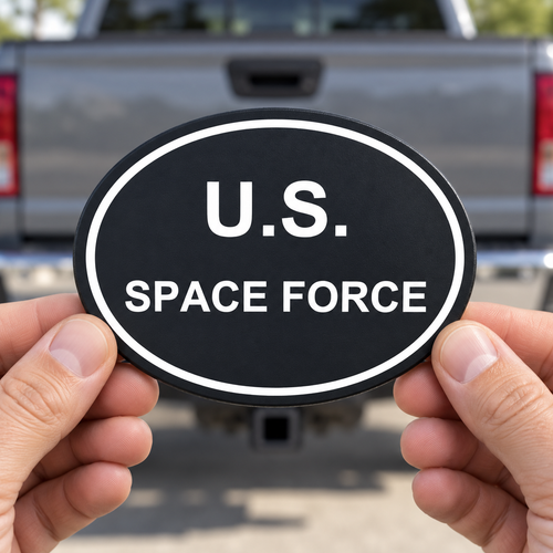 Space Force Oval Trailer Hitch Cover Receiver Plug Cap 2 Inch Black White PETG - product illustration