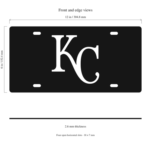 Kansas City Royals Car Tag 12x6 Solid Black White KC Decorative License Plate - product illustration