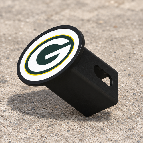 Green Bay Packers Oval Trailer Hitch Cover 2 Inch Receiver Plug Cap NFL - product illustration