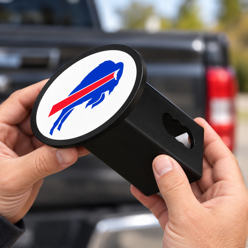 Buffalo Bills Oval Trailer Hitch Cover 2 Inch Receiver Plug Cap NFL - product illustration