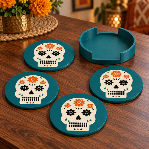 Sugar Skull Coasters Set of 4 with Holder Dia de los Muertos Day of the Dead