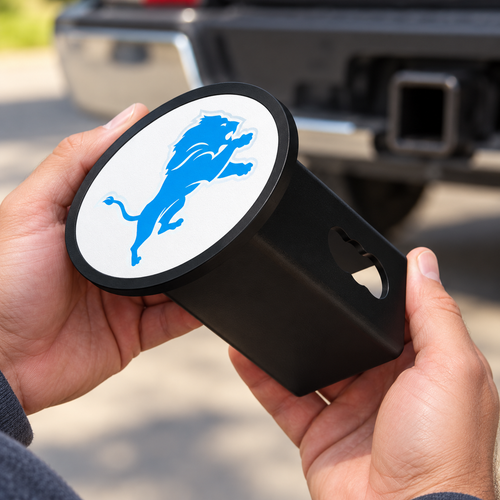 Detroit Lions Oval Trailer Hitch Cover 2 Inch Receiver Plug Cap NFL - product illustration