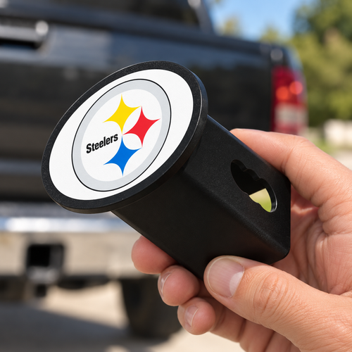 Pittsburgh Steelers Oval Trailer Hitch Cover 2 Inch Receiver Plug Cap NFL - product illustration