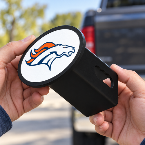 Denver Broncos Oval Trailer Hitch Cover 2 Inch Receiver Plug Cap NFL - product illustration