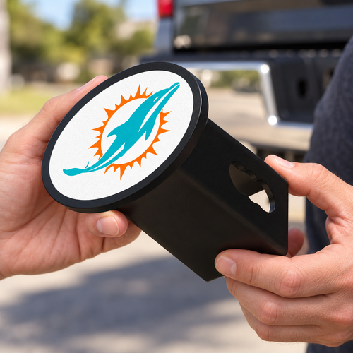 Miami Dolphins Oval Trailer Hitch Cover 2 Inch Receiver Plug Cap NFL - product illustration