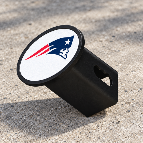 New England Patriots Oval Trailer Hitch Cover 2 Inch Receiver Plug Cap NFL - product illustration