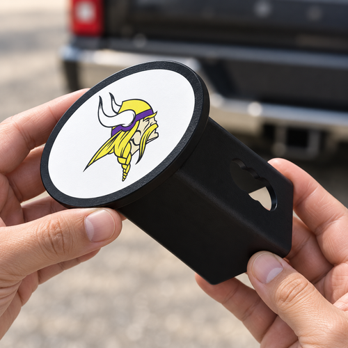 Minnesota Vikings Oval Trailer Hitch Cover 2 Inch Receiver Plug Cap NFL - product illustration
