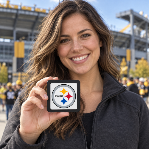 Model holding 3-inch Steelers hitch cover - digital illustration