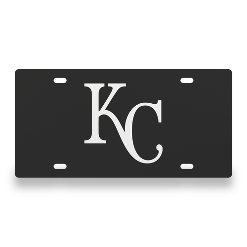 Kansas City Royals Car Tag 12x6 Solid Black White KC Decorative License Plate - exact CAD front view