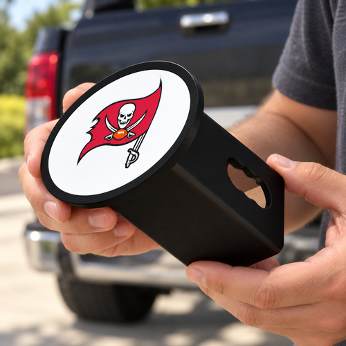 Tampa Bay Buccaneers Oval Trailer Hitch Cover 2 Inch Receiver Plug Cap NFL - product illustration