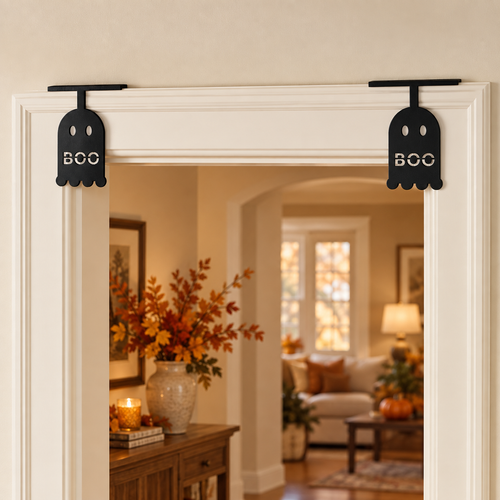 Halloween Ghost BOO Door Trim Hangers Pair Black 7 Inch Seasonal Decor