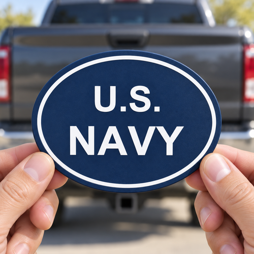 U.S. Navy Oval Trailer Hitch Cover Receiver Plug Cap 2 Inch Blue White PETG - product illustration