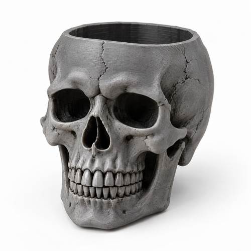 Gray and black realistic cracked skull planter - design illustration