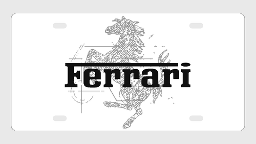 Ferrari License Plate Car Tag 12x6 White Gray Horse Sketch Black Lettering - product design illustration