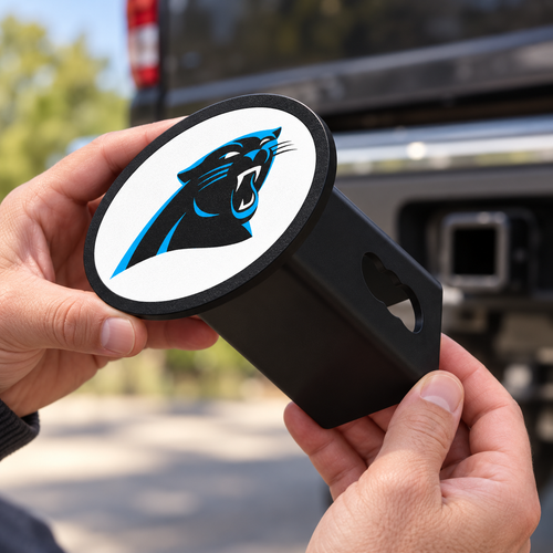 Carolina Panthers Oval Trailer Hitch Cover 2 Inch Receiver Plug Cap NFL - product illustration