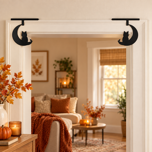 Halloween Cat Moon Door Trim Hangers Pair Black 7 Inch Seasonal Decor