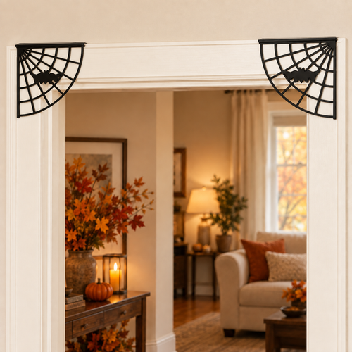 Halloween Bat Spiderweb Door Trim Hangers Pair Black 7 Inch Corner Decor