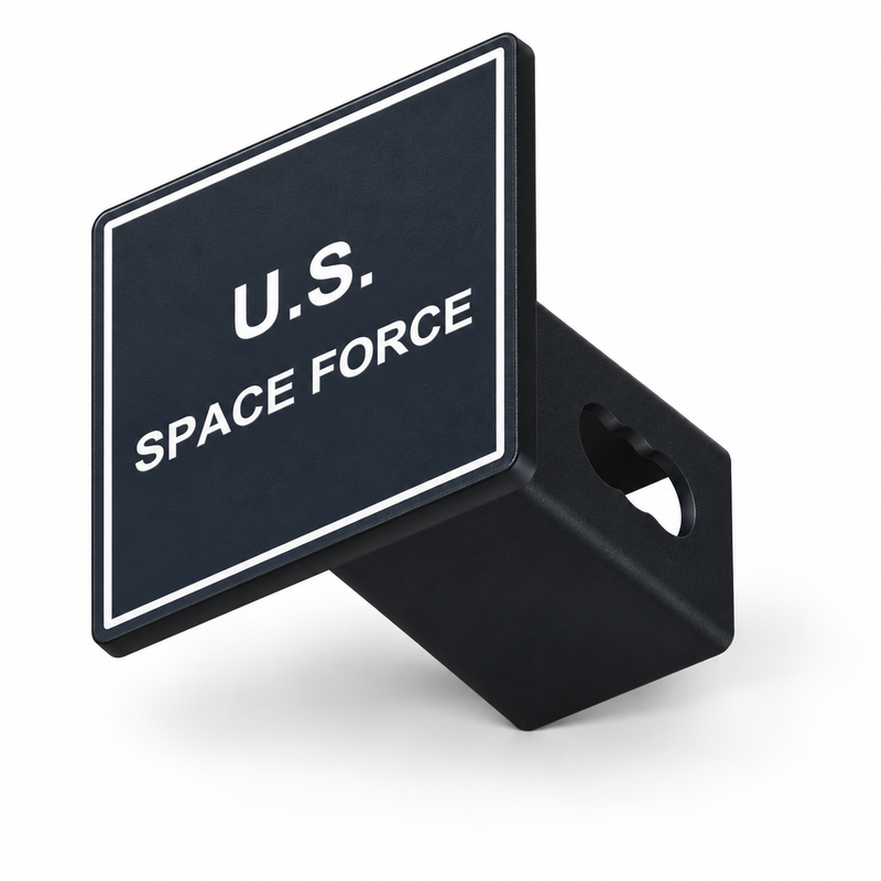 U.S. Space Force Square Hitch Cover 2 Inch Receiver PETG Black White CAD-based product illustration