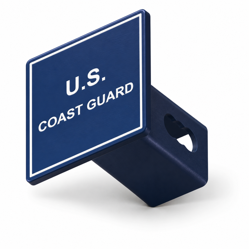 U.S. Coast Guard Square Hitch Cover 2 Inch Receiver PETG Blue White CAD-based product illustration