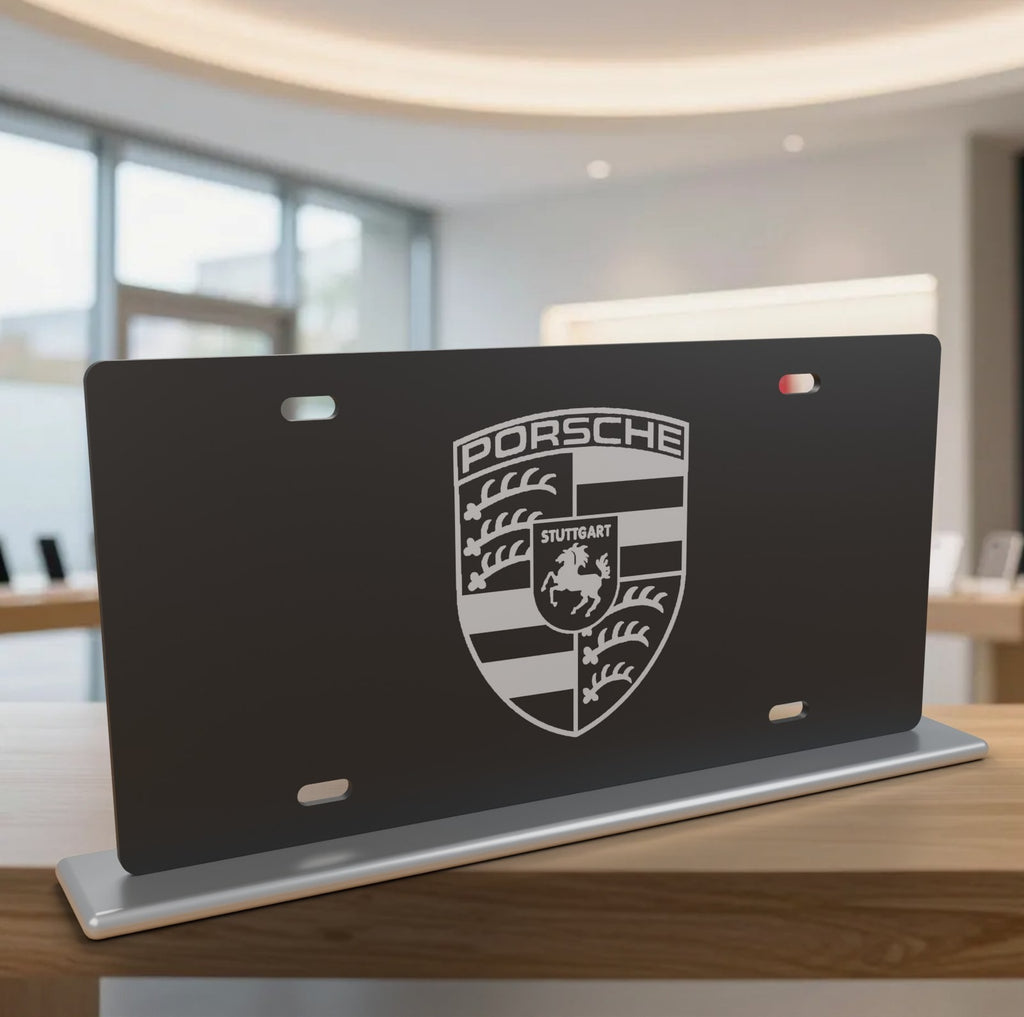 Porsche Black Silver Crest License Plate Car Tag 12x6 Slotted Front Novelty
