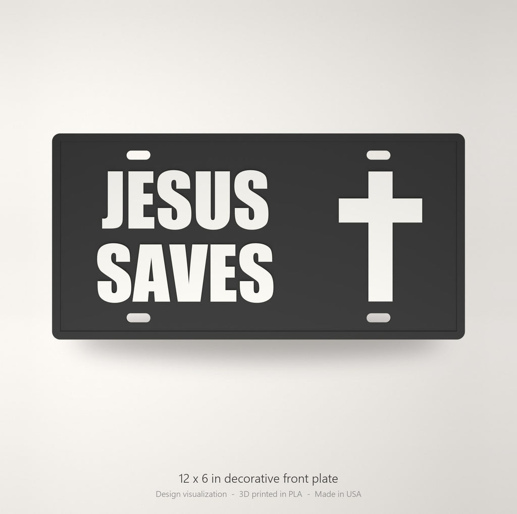 Jesus Saves Christian Cross License Plate Car Tag 12x6 Black White Front